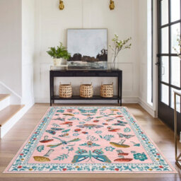 London Boutique 200X290Cm Mushroom Butterfly Area Rug, Washable Non-Slip Low Pile Carpet For Nursery, Bedroom, Living Room, Pink - thumbnail 3