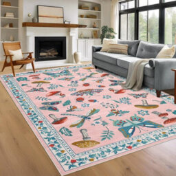 London Boutique 200X290Cm Mushroom Butterfly Area Rug, Washable Non-Slip Low Pile Carpet For Nursery, Bedroom, Living Room, Pink - thumbnail 2