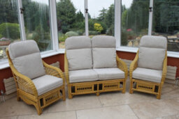Garden Market Place Gardenmarketplace Portofino Cane Conservatory Furniture 3 Piece Suite - 2 Chairs And A Sofa- Cream Colour Fabric - thumbnail 1