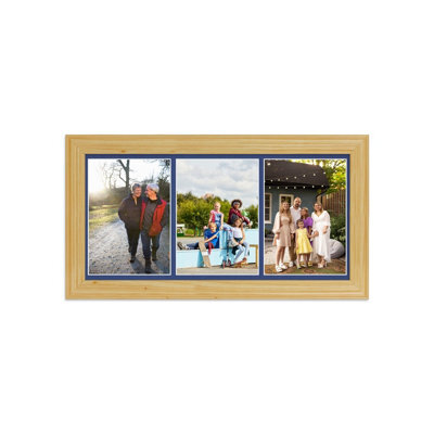 AK Frames 16X8 Light Oak Classic Multi Photo Frame With Blue Mount - Holds 3 Apertures (3X) 7X5 Photos
