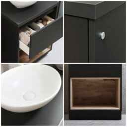 Homestylestore Black Grey 600mm Led Lit Bathroom Vanity Unit Oval Chalk Countertop Basin Open Shelf - thumbnail 2
