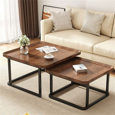 Fativo L55X W54X H45.5Cm Industrial Vintage Coffee Table Set Of 2 Nesting End Tables With Wood Grain Top & Metal Frame - image 1
