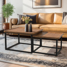 Fativo L55X W54X H45.5Cm Industrial Vintage Coffee Table Set Of 2 Nesting End Tables With Wood Grain Top & Metal Frame - thumbnail 7