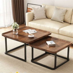 Fativo L55X W54X H45.5Cm Industrial Vintage Coffee Table Set Of 2 Nesting End Tables With Wood Grain Top & Metal Frame - thumbnail 1