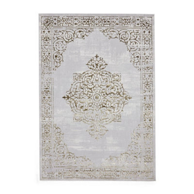 Gold Silver Rug, Traditional Bordered Rug, 11mm Thick Abstract Rug, Gold Silver Rug For Dining Room-120Cm X 170Cm - image 1