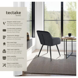 Tectake Set Of 6 Dining Chair Marilyn - With Armrests, Padded, Velvet Look, Black Steel Legs  - Black - thumbnail 2