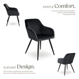 Tectake Set Of 6 Dining Chair Marilyn - With Armrests, Padded, Velvet Look, Black Steel Legs  - Black - thumbnail 3