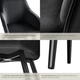 Tectake Set Of 6 Dining Chair Marilyn - With Armrests, Padded, Velvet Look, Black Steel Legs  - Black - thumbnail 5