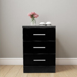 Reflect 3 Drawer Bedside - Black Gloss & Black Oak - Modern Nightstand For Bedroom Storage - H: 59.5Cm X W: 39.5Cm X D: 38Cm