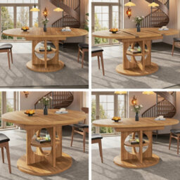 Btm Round To Oval Extendable Dining Table  110 To 150 Cm, Seats Up To 8 People, Dining Table For Kitchen And Balcony, Dark Brown - thumbnail 1