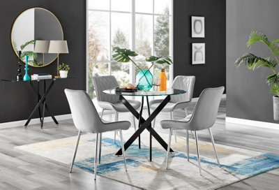 Furniturebox Uk Novara Black Leg Round Glass Dining Table & 4 Grey Pesaro Silver Chairs - image 1