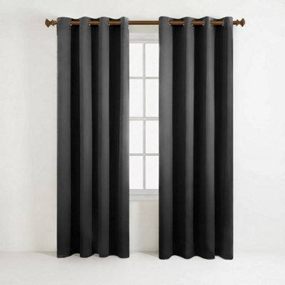 Aspire Homeware Plain Room Darkening Blackout Eyelet Curtain Pair Dark Grey (W) 168Cm X (D)228Cm With Tie Back Pair - image 1