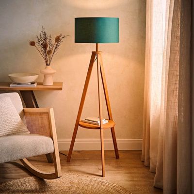 ValueLights Morrigan Mid Wood Shelf Floor Lamp With Forest Green Drum Shade And Bulb - image 1
