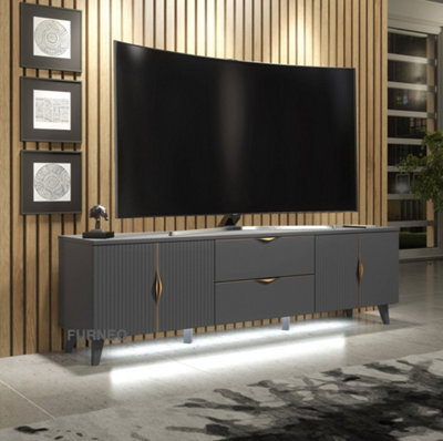 Furneo Grey Tv Stand 180Cm Unit Cabinet Azzurro 10G Brushed Gold Handles White Led Lights - image 1