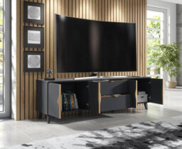 Furneo Grey Tv Stand 180Cm Unit Cabinet Azzurro 10G Brushed Gold Handles White Led Lights - thumbnail 2
