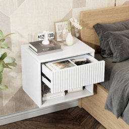 White-2Pcs Bedside Table Wall Mounted Nightstand Side Tables Bedroom Small Cabinet - thumbnail 5