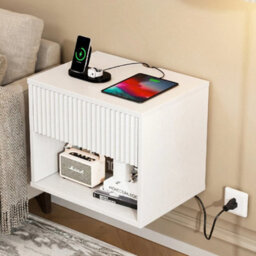 White-2Pcs Bedside Table Wall Mounted Nightstand Side Tables Bedroom Small Cabinet - thumbnail 6