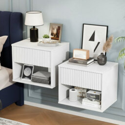 White-2Pcs Bedside Table Wall Mounted Nightstand Side Tables Bedroom Small Cabinet - thumbnail 1