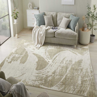 Beige Abstract Wool Modern Luxurious Easy To Clean Abstract Dining Room Bedroom And Living Room Rug -274Cm X 366Cm