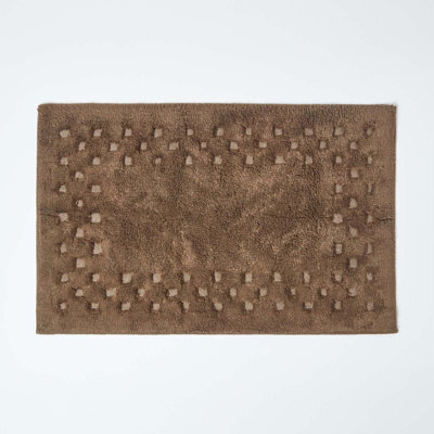 Homescapes Cotton Check Border Chocolate Brown Bath Mat - image 1