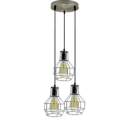 Industrial E27 Base Edison Metal Caged Vintage Hanging Pendant 3-Lights Rustic Brushed Silver Pendant Light Fixture - image 1
