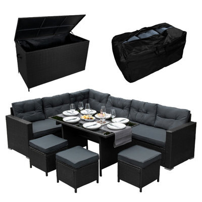 Jardí Black Rattan Corner Furniture Set & Large Garden Storage Box - image 1