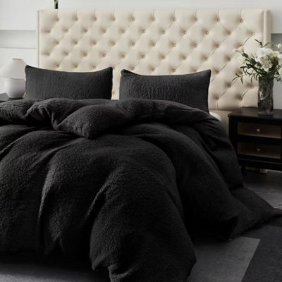 Black Winter Warm Soft Teddy Fleece Duvet Cover Set Cosy Fluffy Bedding With Matching Pillowcases