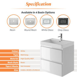 Plum&clay Marvel Gloss White Wall Hung Bathroom Vanity Unit With Resin Basin (W)600mm - thumbnail 5