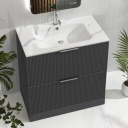 Royal Bathrooms Evora 800mm Graphite Grey Fluted Bathroom Floor Standing Vanity Unit 2 Drawer Storage Cabinet With Carrara White Basin - thumbnail 7