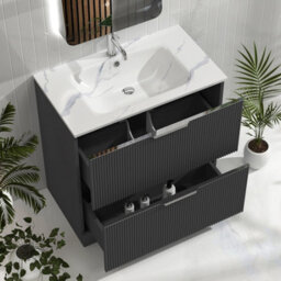 Royal Bathrooms Evora 800mm Graphite Grey Fluted Bathroom Floor Standing Vanity Unit 2 Drawer Storage Cabinet With Carrara White Basin - thumbnail 4
