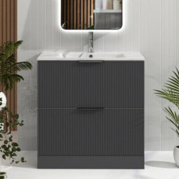Royal Bathrooms Evora 800mm Graphite Grey Fluted Bathroom Floor Standing Vanity Unit 2 Drawer Storage Cabinet With Carrara White Basin