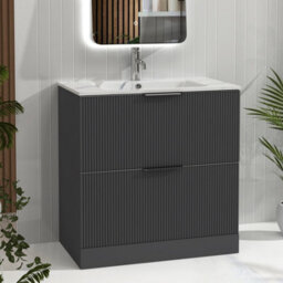 Royal Bathrooms Evora 800mm Graphite Grey Fluted Bathroom Floor Standing Vanity Unit 2 Drawer Storage Cabinet With Carrara White Basin - thumbnail 6