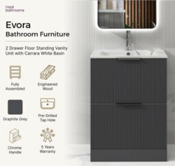 Royal Bathrooms Evora 800mm Graphite Grey Fluted Bathroom Floor Standing Vanity Unit 2 Drawer Storage Cabinet With Carrara White Basin - thumbnail 5