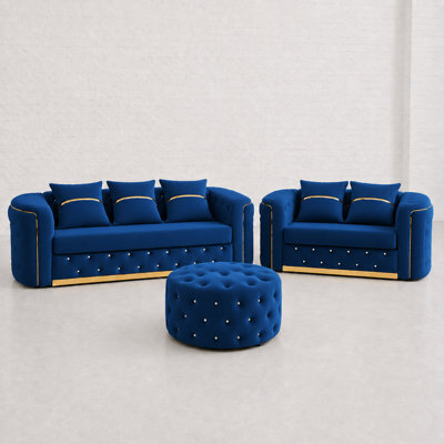 Ambassador Chesterfield Sofa Set With Free Footstool - Royal Blue 3 Plus 2 Seater