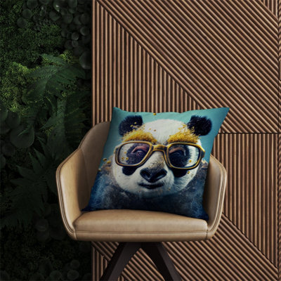 Warren Reed Designer Panda With Golden Glasses Splashart Outdoor Cushion 60Cm X 60Cm