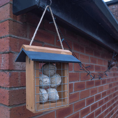 Wooden Suet Ball Or Cake Bird Feeder With Slate Roof, Metal Cage & Hanging Cord - Outdoor Garden Wild Bird Feeding Station - image 1