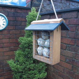 Wooden Suet Ball Or Cake Bird Feeder With Slate Roof, Metal Cage & Hanging Cord - Outdoor Garden Wild Bird Feeding Station - thumbnail 3
