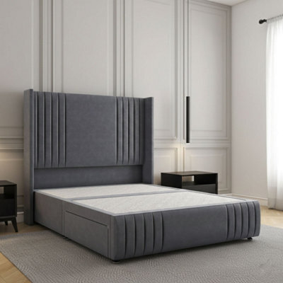 REGIONAL FURNISHINGS Divan Bed Set Steel Plush Velvet Upholstered 54Inch Headboard 2Drawers Footend & No Mattress In Double King 4Ft 6Ft Sizes - image 1