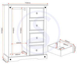 Seconique Corona 1 Door 4 Drawer Low Combi Wardrobe In Distressed Waxed Pine - thumbnail 9