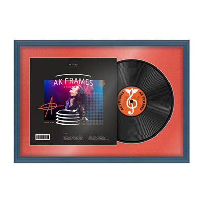"AK Frames 25X17"" Navy Blue Classic Vinyl Record Frame With Poppy Red Mount For 12 Inch Lp Cover & Disc - Overlapped Design" - image 1