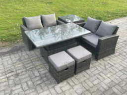 Fimous Garden Furniture Sets Rattan Outdoor Height Adjustable Rising Lifting Table Sofa Dining Set With Side Table Footstools - thumbnail 2