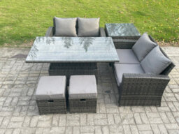 Fimous Garden Furniture Sets Rattan Outdoor Height Adjustable Rising Lifting Table Sofa Dining Set With Side Table Footstools - thumbnail 1