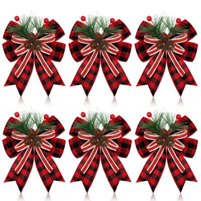 Amorly 6 Pcs Christmas Burlap Bows Red And Black Buffalo Plaid 5 X 6 Inch, Farmhouse Ribbon For Tree Wreath Garland, Checkered Plaid Bow - image 1
