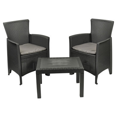 Urbn-Garden Urbngarden 3 Pc Bistro Black Plastic Armchairs Cushions Coffee Table Garden Outdoor Furniture Set - image 1