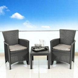 Urbn-Garden Urbngarden 3 Pc Bistro Black Plastic Armchairs Cushions Coffee Table Garden Outdoor Furniture Set - thumbnail 9