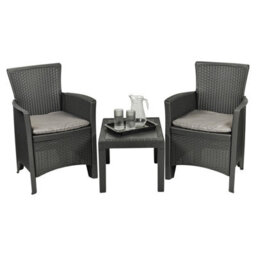 Urbn-Garden Urbngarden 3 Pc Bistro Black Plastic Armchairs Cushions Coffee Table Garden Outdoor Furniture Set - thumbnail 3