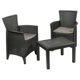 Urbn-Garden Urbngarden 3 Pc Bistro Black Plastic Armchairs Cushions Coffee Table Garden Outdoor Furniture Set - thumbnail 2
