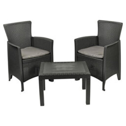 Urbn-Garden Urbngarden 3 Pc Bistro Black Plastic Armchairs Cushions Coffee Table Garden Outdoor Furniture Set - thumbnail 1