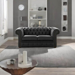 Chesterfield 2 Seater Shelly Black Real Leather Sofa Settee Bespoke In Classic Style - thumbnail 4