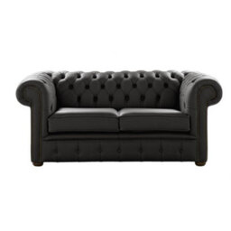 Chesterfield 2 Seater Shelly Black Real Leather Sofa Settee Bespoke In Classic Style - thumbnail 1